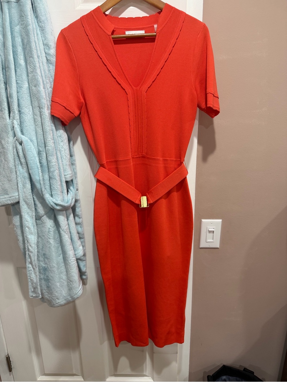 Orange Short-Sleeve Knit Belted Dress